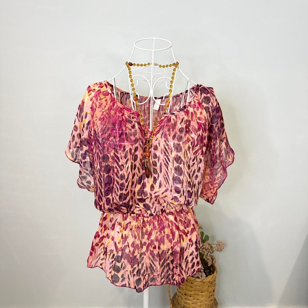 Vintage y2k sunset pink and orange zebra/ cheetah print fitted babydoll blouse